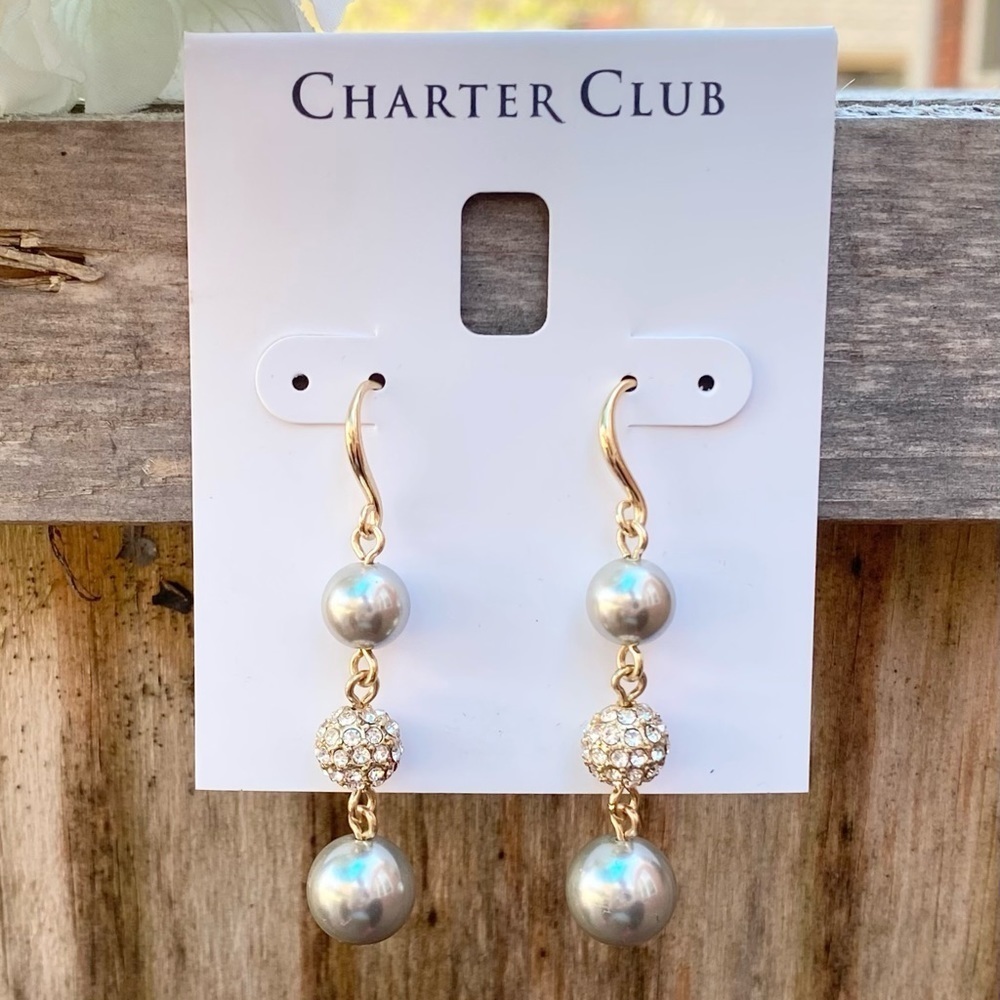NWT CHARTER CLUB GOLD TONE CLEAR CRYSTAL GRAY BEAD POST DROP EARRINGS